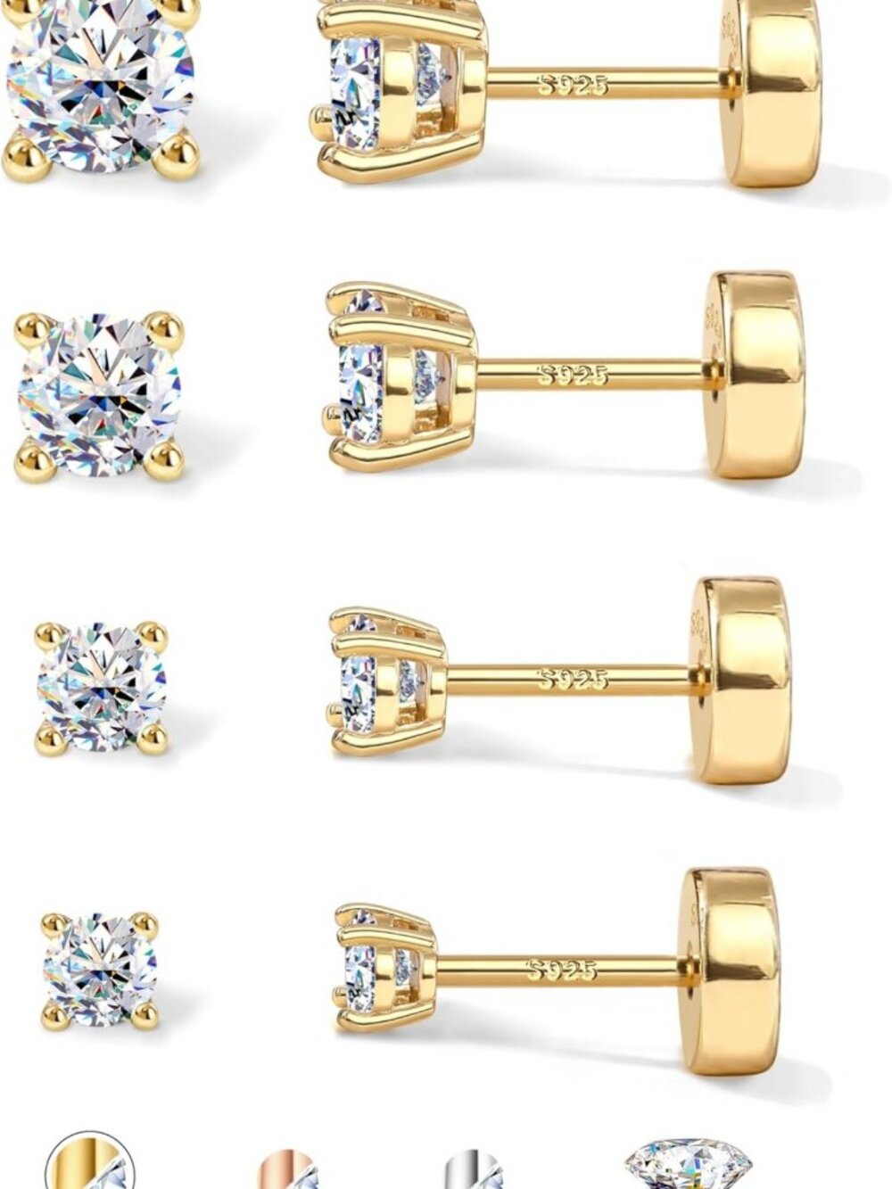 Elegant Moissanite Stud Earrings - 3/4 Pairs Flat Back 925 Sterling Silver